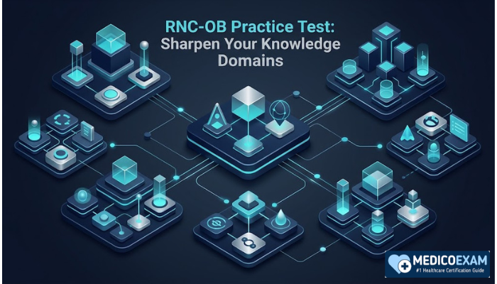 An isometric 3D illustration shows interconnected geometric shapes representing the RNC-OB exam knowledge domains, emphasizing structured learning and preparation.