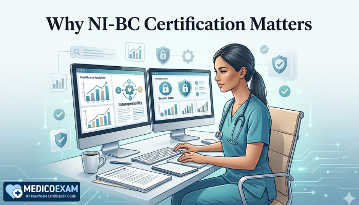 Informatics nursing career growth image showing NI-BC certification study setup, healthcare data screens, and professional advancement visuals.