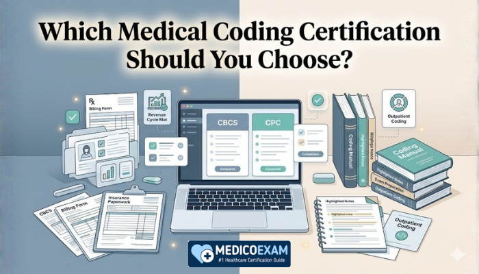 Medical coding certification comparison showing CBCS billing workflow tools and CPC coding exam prep materials in a split workspace.